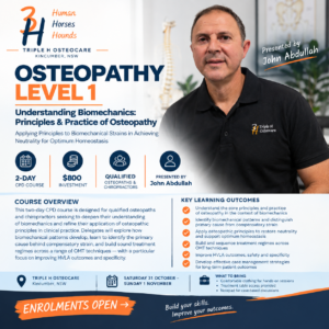 Osteopathy Level 1 course flyer, presented by John Abdullah at Triple H Osteocare