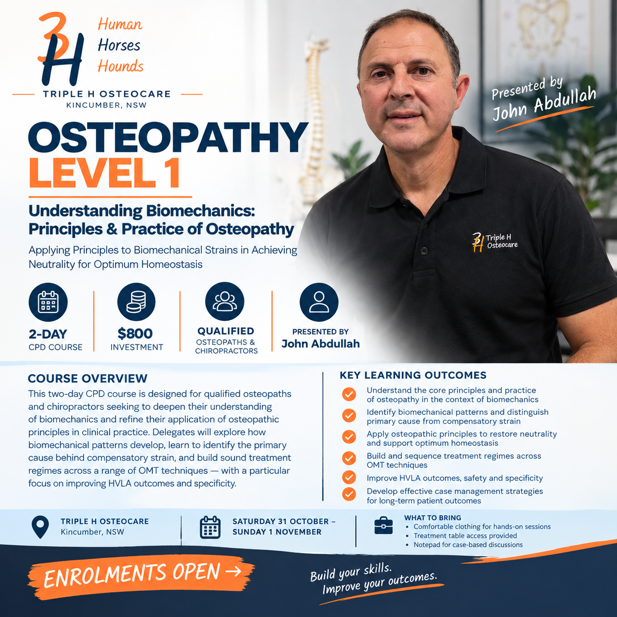 Osteopathy Level 1 course flyer, presented by John Abdullah at Triple H Osteocare